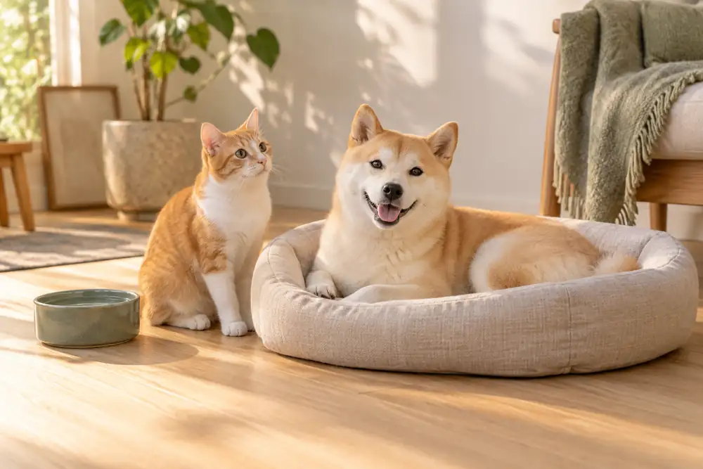 柴犬窩在燕麥色睡窩裡，橘白貓坐在一旁